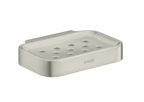 Seifenschale aus Edelstahl mit runden Aussparungen, gestaltet von der Marke AXOR. Sie hat eine flache, rechteckige Form und eine glatte Oberfläche.
